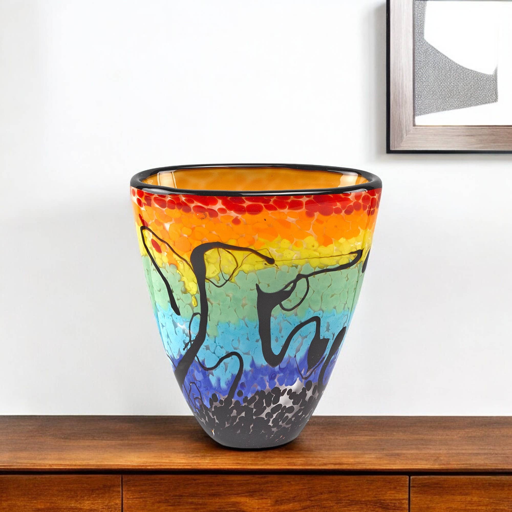 HomeRoots - Wholesale Vase - 8" Red Orange Blue And Black Blue Murano Glass Table Vase0