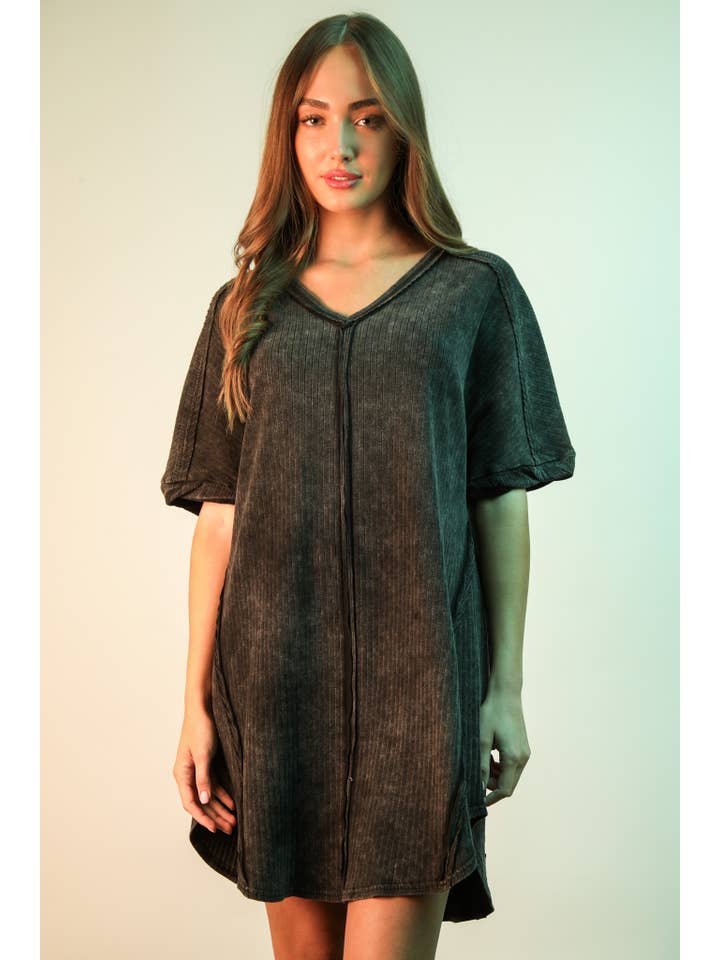 VERY J - Wholesale Dress - Women's - ND31636-Mineral Washed Ribbed Knit Shift Mini Dress