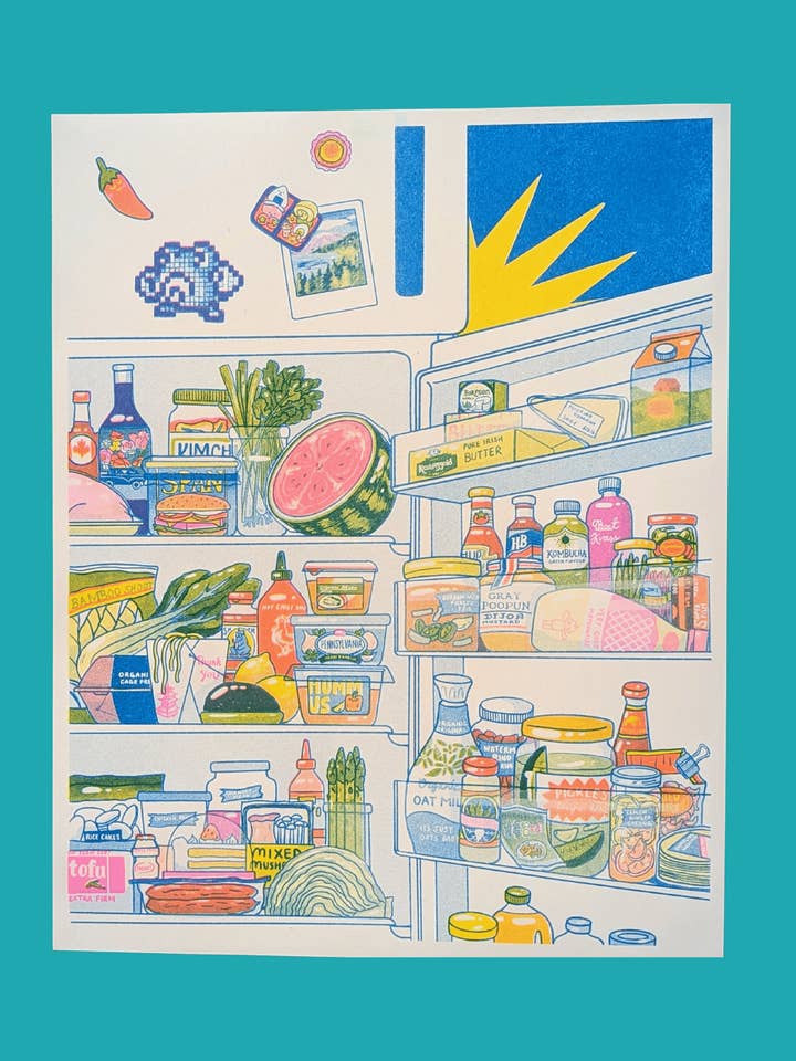 Midnight Snack Fridge | 11"x14" Risograph Print for wholesale by Christina Hu
