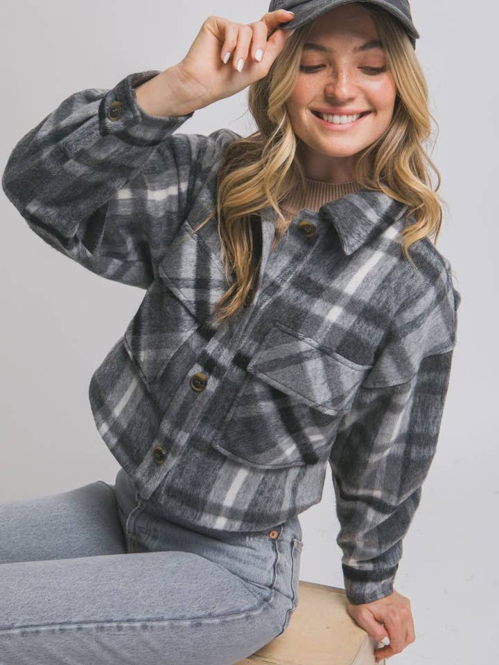 Button-down Short Plaid Shacket for wholesale by Vanilla Monkey