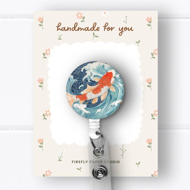 Orange Koi Fish Badge Reel for wholesale by Firefly Paper Studio, LLC