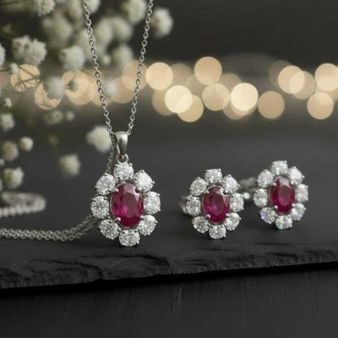 Twilight Halo Set: Natural Rhodolite Garnet & Moissanite Cluster Jewelry Set for wholesale by Princejewelshub