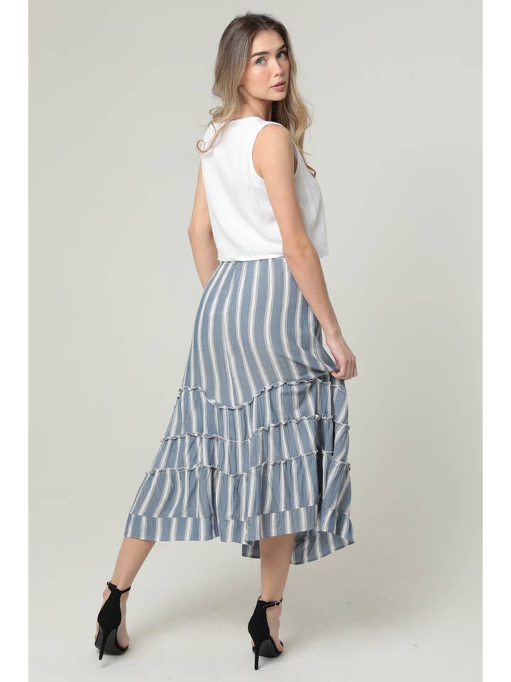 ANGIE - Wholesale Skirt - Women's - H6315-RM42 STRIPED WAVY TIERS MID LENGTH SKIRT