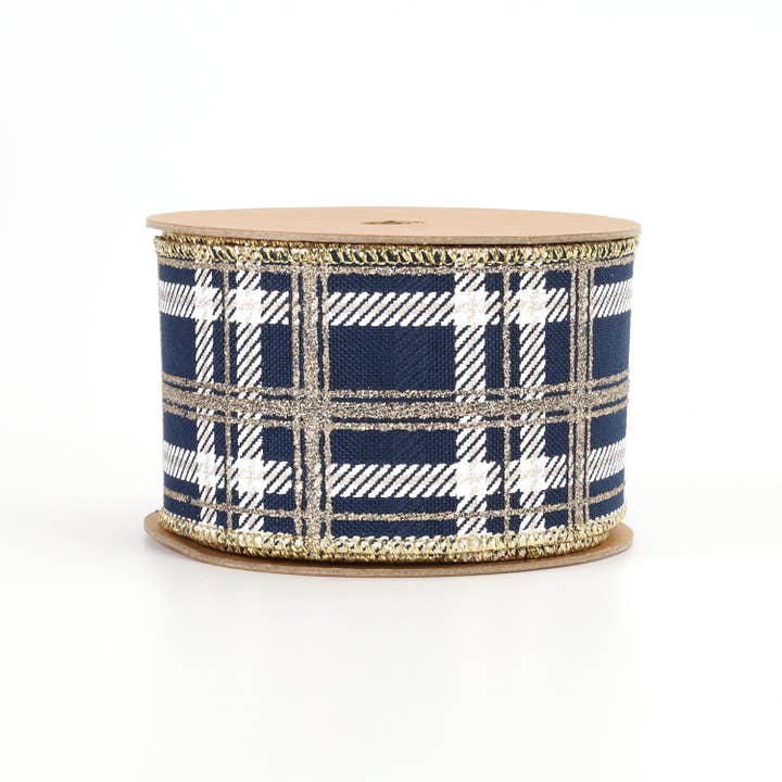 LA Ribbons Wholesale - Wholesale Ribbon - Gift Wrapping - 2 1/2" Printed Wired Ribbon | Plaid Blue/White/Gold