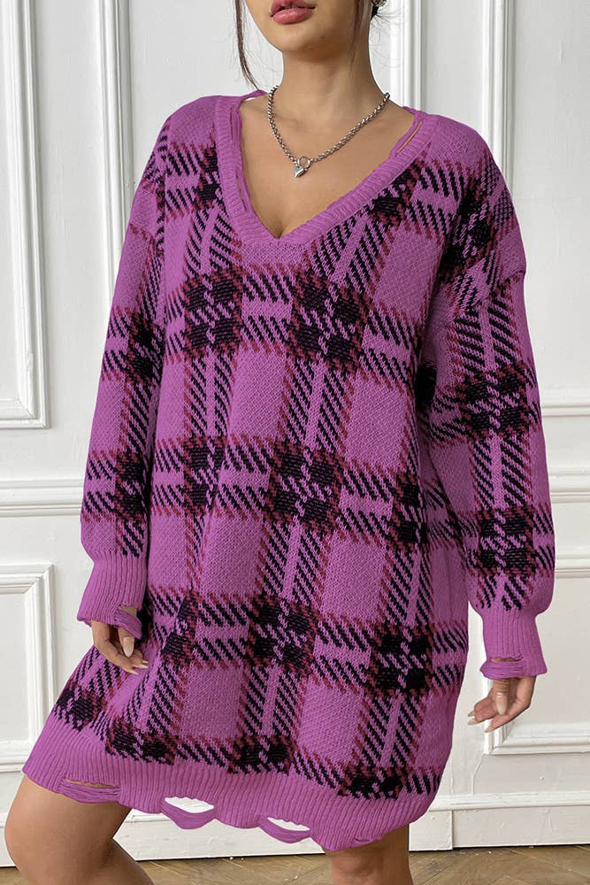 UNISHE – wholesale Dress – Women's – V Neck Plaid Knit Raw Edge One Size Sweater Dress OYM0966