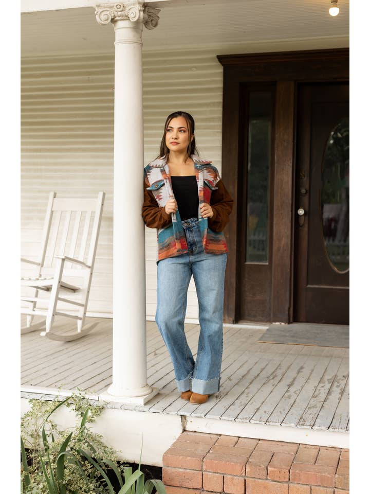Brown Corduroy Canyons Aztec Print Shacket for wholesale on Faire