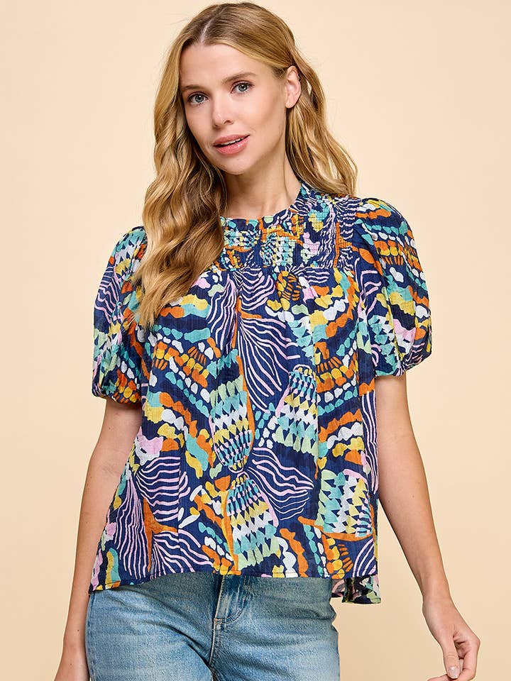 Blue CT8923-TCEC Printed Puff Sleeve Top for wholesale on Faire0