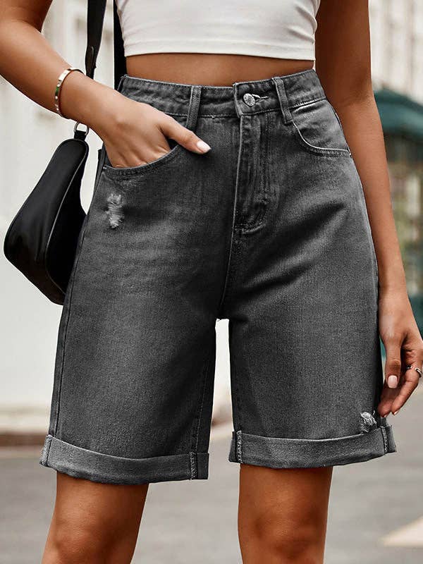 VividLux - Wholesale Shorts - Women's - High Waisted Loose Buttoned Pockets Jean Pants Bottoms Shorts Bottoms