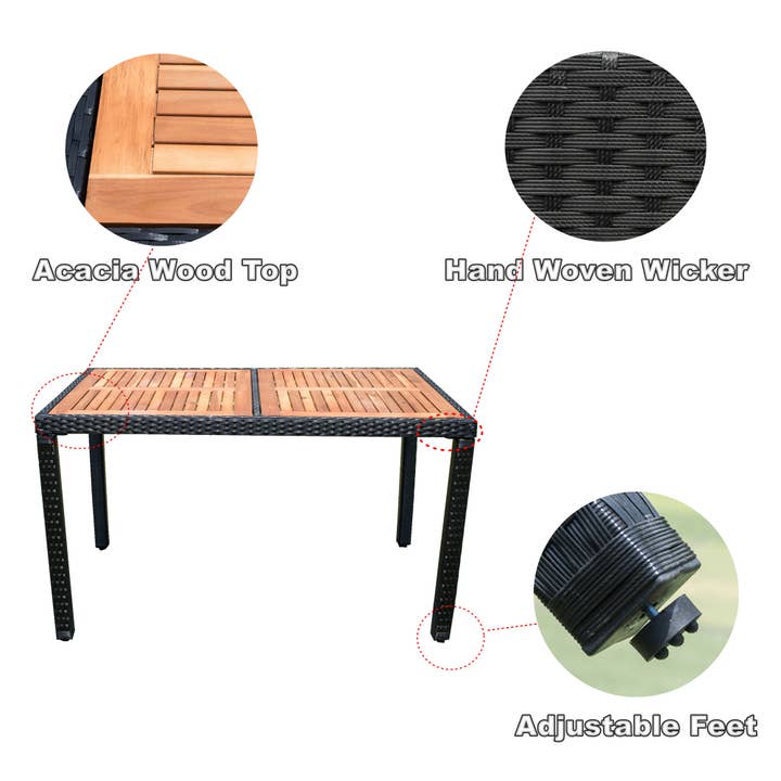 39F Inc. - Wholesale Patio Set - 7-Piece Outdoor Patio Wicker Dining Set with Acacia Wood Top6