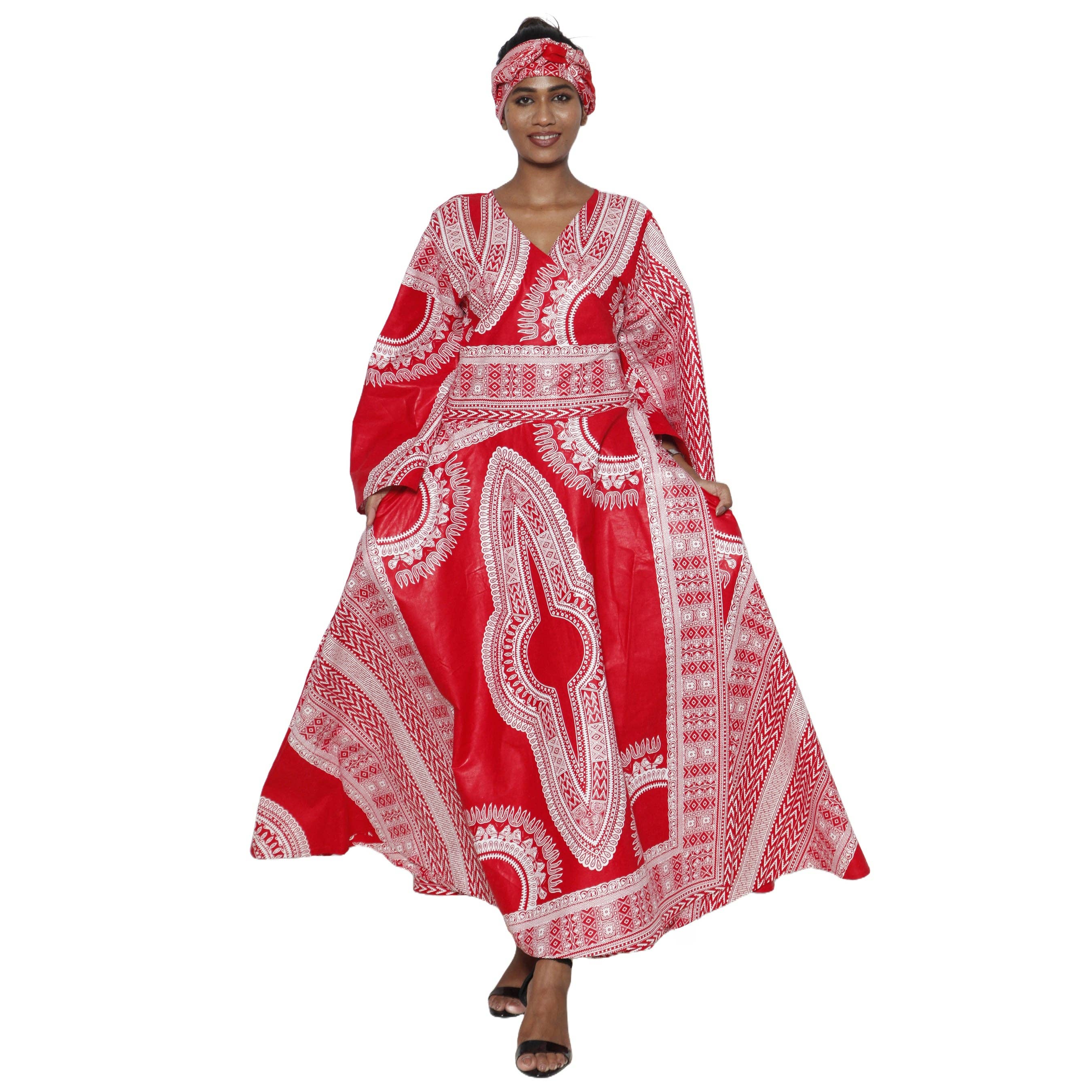 African Stars - Vente Robe – femme - Robe longue cache-cœur à manches longues pour femmes Dashiki -- FI-D56D4