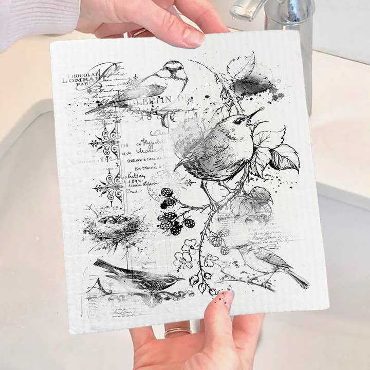 Vintage Shabby Chic Spring Birds Swedish Dishcloth for wholesale by Avery Lane Gifts