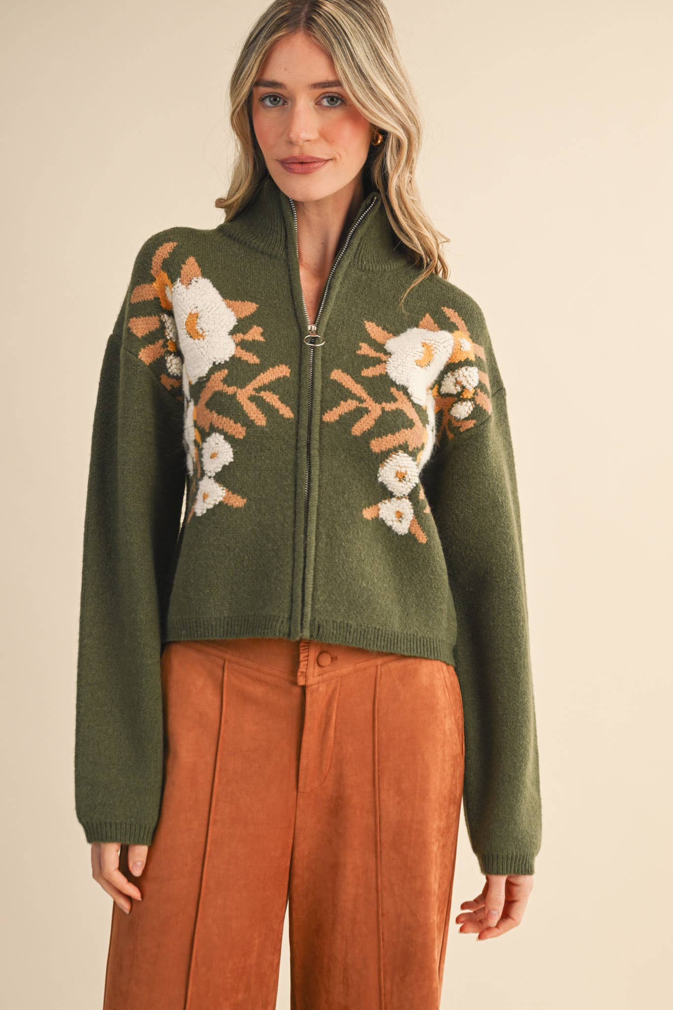 &MERCI - Wholesale Cardigan - Women's - FLORAL ZIP UP SWEATER CARDIGAN MSW1118819