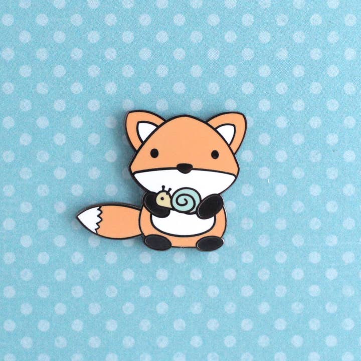 Fox and Snail Enamel Pin (Orange Variant). Cute Canada Gift for wholesale by Wild Whimsy Woolies