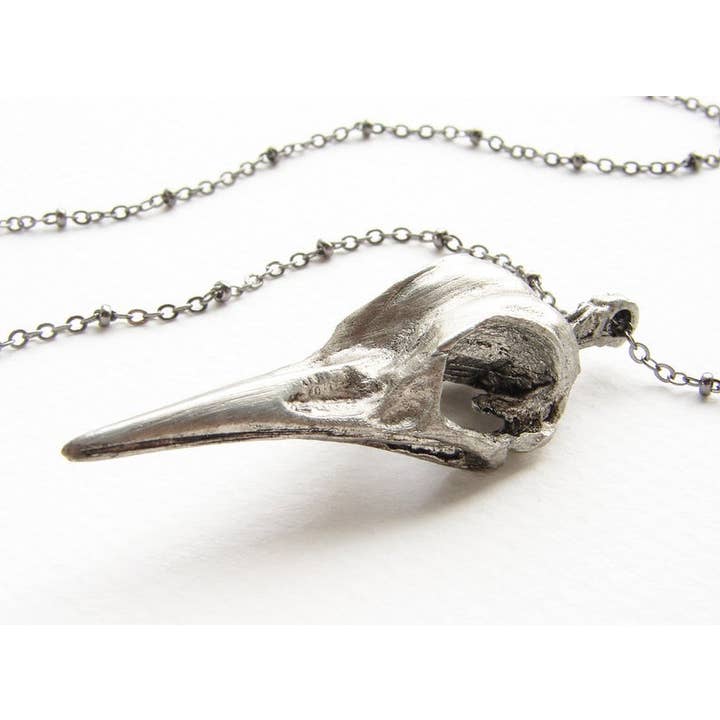 SORA DESIGNS - Wholesale Pendant/Charm Necklace - Antique Silver Bird Skull Statement Necklace Raven Skull Pen