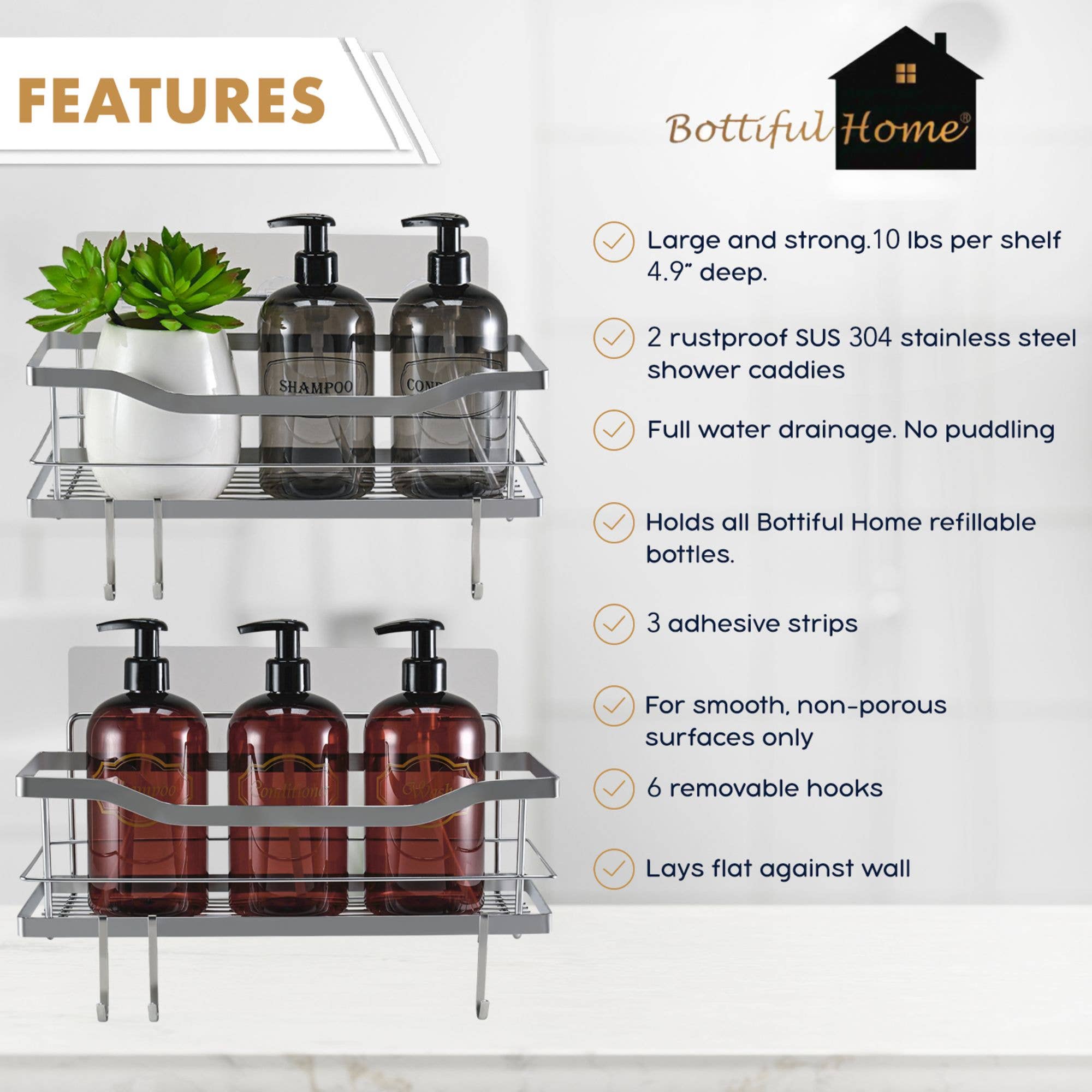 Bottiful Home - Wholesale Bath Caddy - 304 SS Shower Caddy Baskets w 3 Adhesive Strips & 6 Hooks3