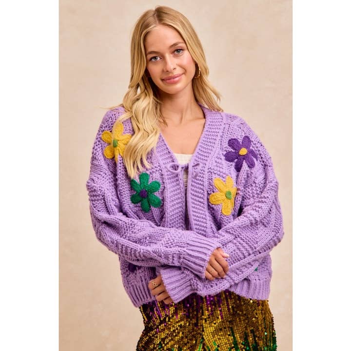 Cardigã de Malha com Textura e Flores Patchwork de Mardi Gras por atacado de IVE