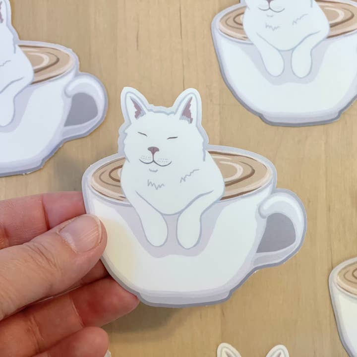 Cat and Coffee Sticker for wholesale by Jaycat Designs