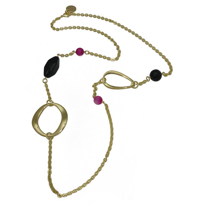 EP Freeform Links Halskette aus 18-karätigem Gold mit Onyx und roten Steinen für den Großhandel von Luxe on Main LLC