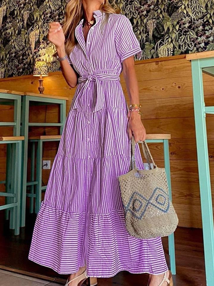 Wholesalesir - Wholesale Dress - Women's - Fashion Striped Short Sleeved Loose Long Dress
