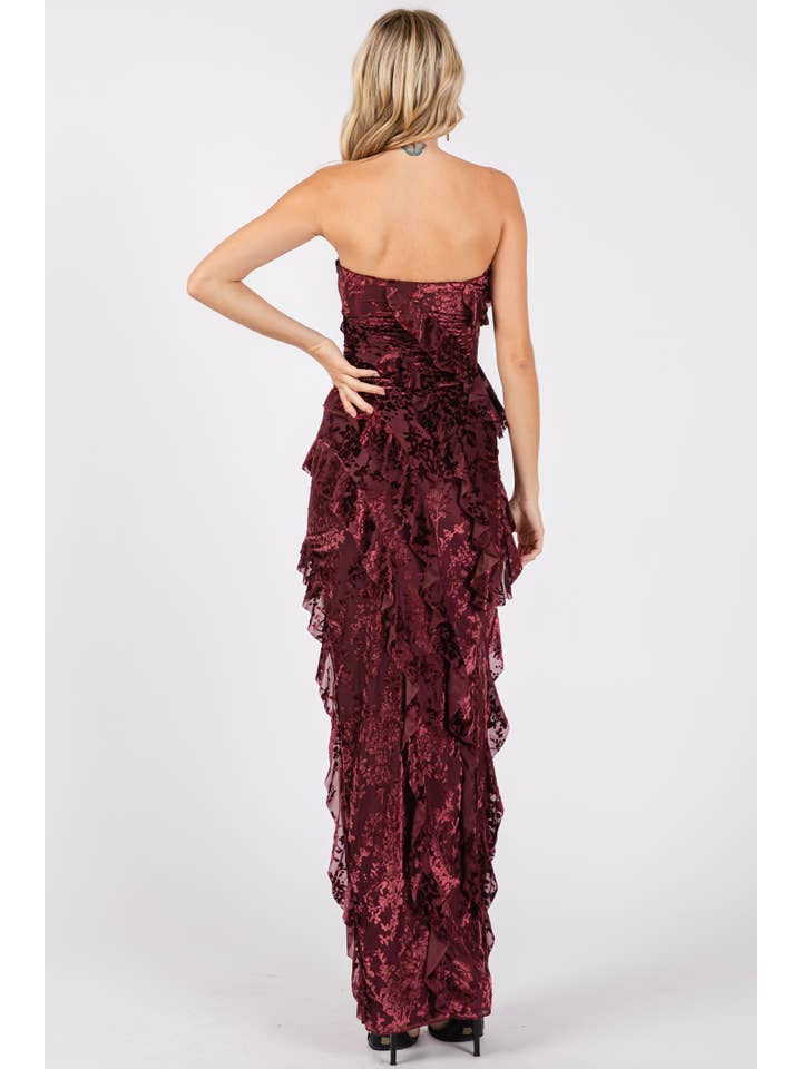 Black VID51523 - VELVET FLORAL PRINT MESH RUFFLED LONG DRESS for wholesale on Faire8