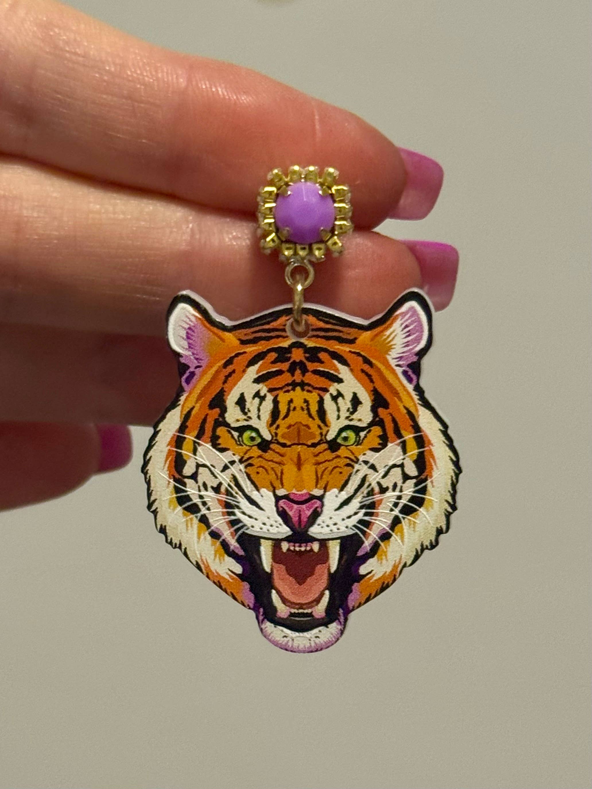Louie Love - Wholesale Dangle Earrings - Gold Purple Acrylic Gameday LSU Tiger Face Earrings1