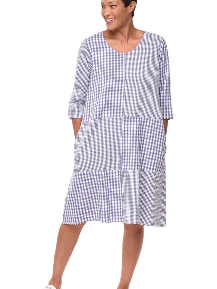 CV1116 Jada Dress in Peri Seersucker Checks* for wholesale by Tulip Clothing