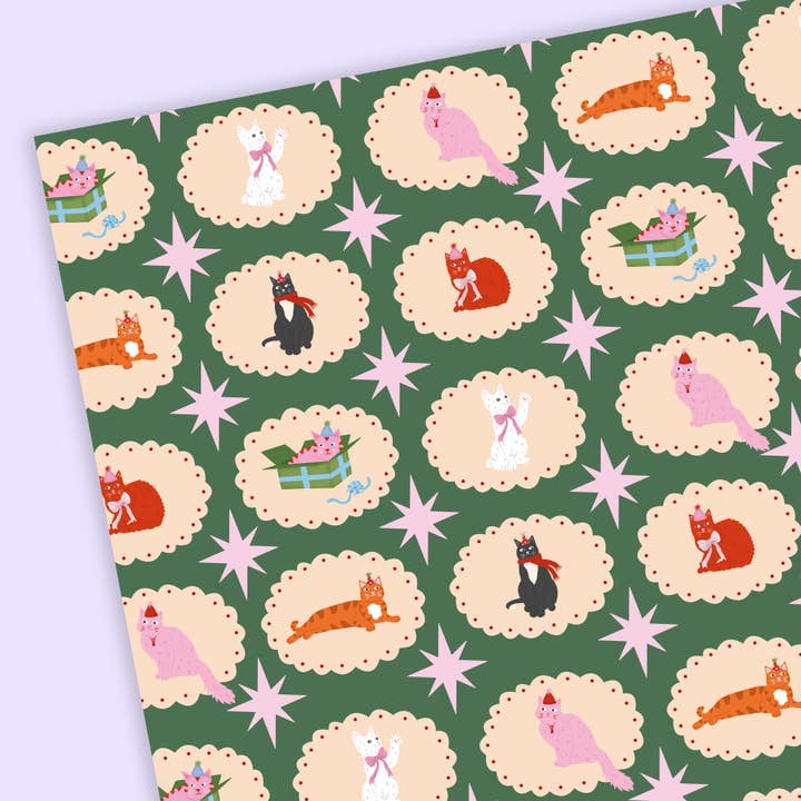 Tikkled Pink - Wholesale Flat Wrap - Christmas Cats Wrapping Paper Sheets | Holiday Cat Gift Wrap