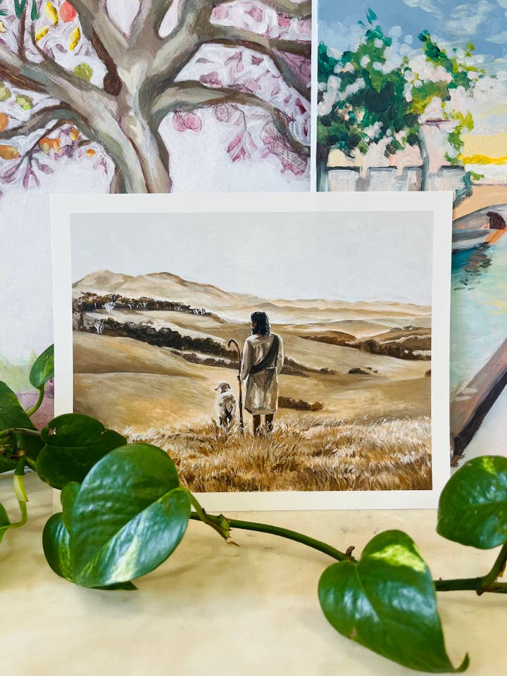 Shepherd and sheep in pastoral landscape - fine art print for wholesale by Savell Studio