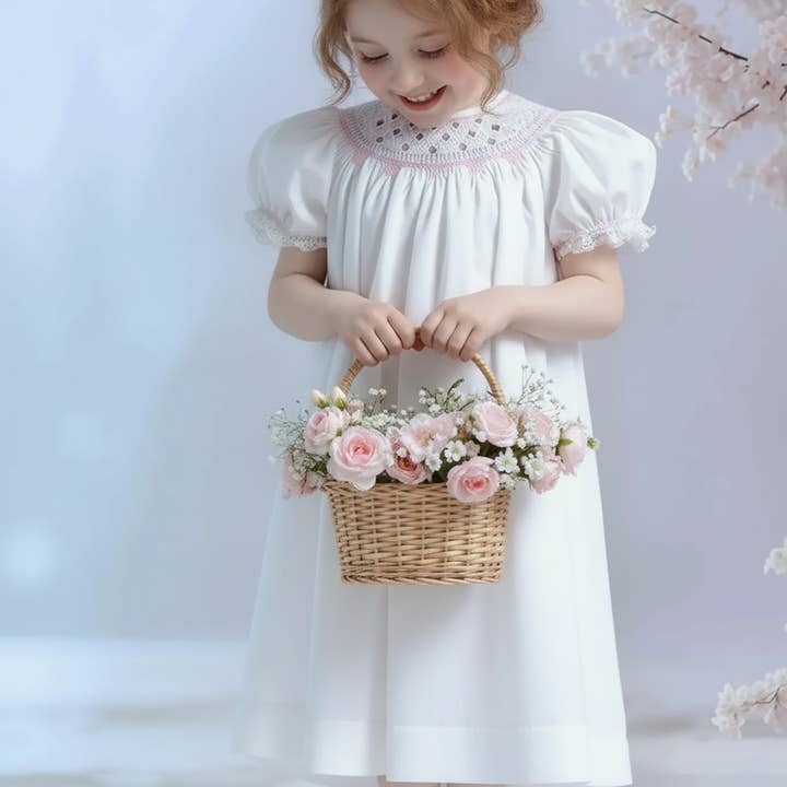 White Geometric Smocked with Flowers Short Bishop Sleeve Dress for wholesale by Hello Bebes!