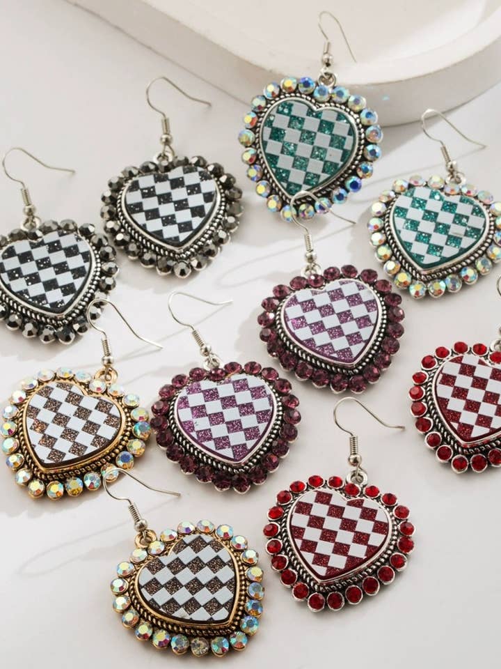 Rhinestone ingelegde geruite hart delicate oorbellen HMSP48 voor wholesale door UNISHE