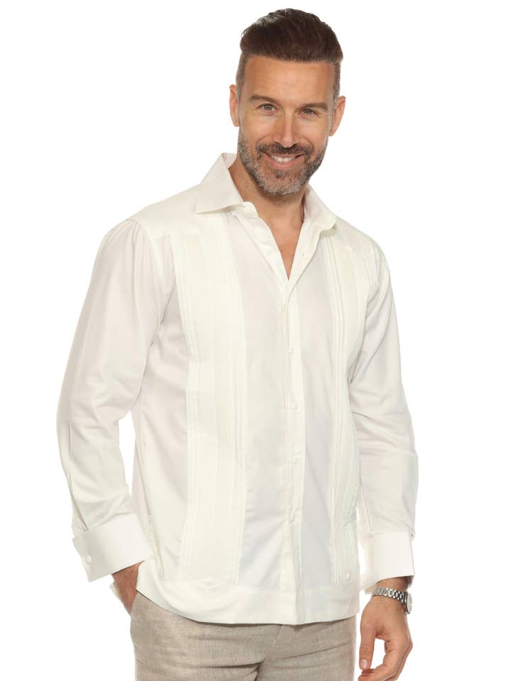 Men's Cotton Blend Guayabera Chacabana Shirt Long Sleeve with French Cuff and Pleated Trim for wholesale by MOJITO COLLECTION
