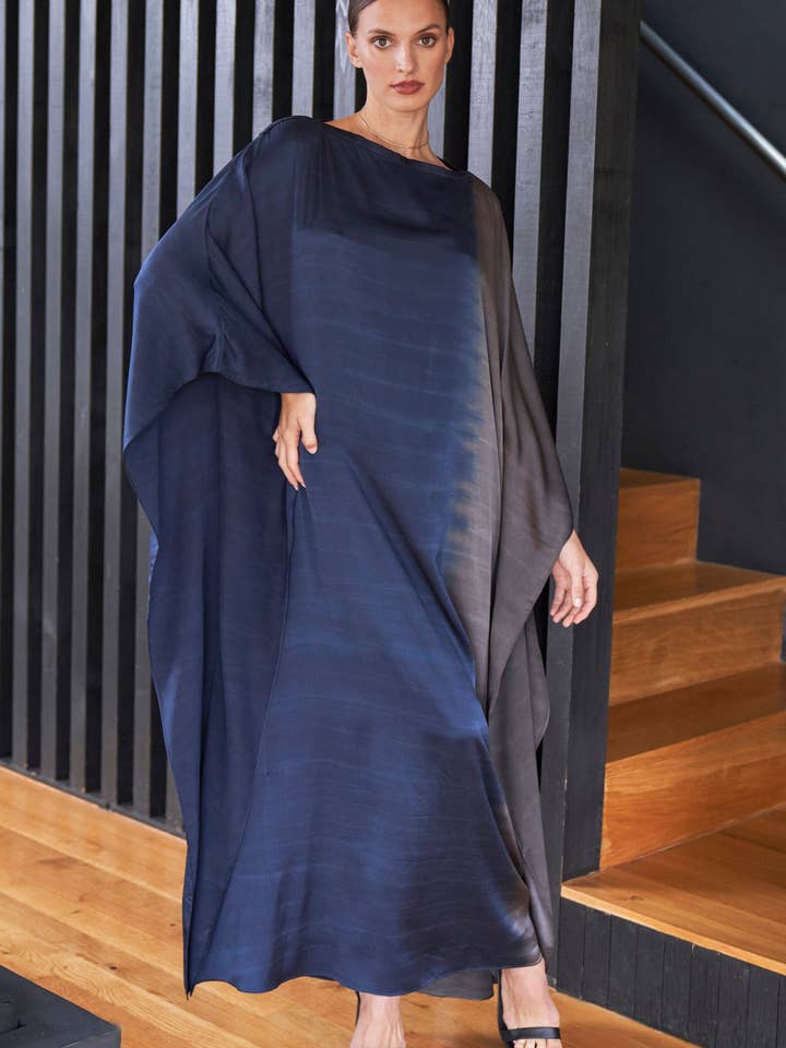 Ombre Navy and Silver Boatneck Silk Caftan for wholesale by ocean+main