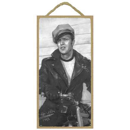 Marlon Brando (on motorcycle, black & white) The Wild One for wholesale by SJT Enterprises, Inc.
