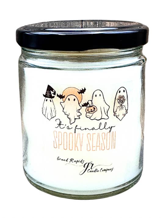 Finally Spooky Season Candle Cute Ghosts. 9oz Soy Blend fall Halloween for wholesale by Grand Rapids Candle Company