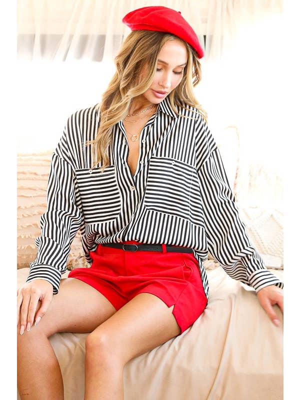 Vine & Love - Wholesale Button Down Shirt - Women's - Collar Neckline Pocket Detail Striped Satin Shirt VT8131421