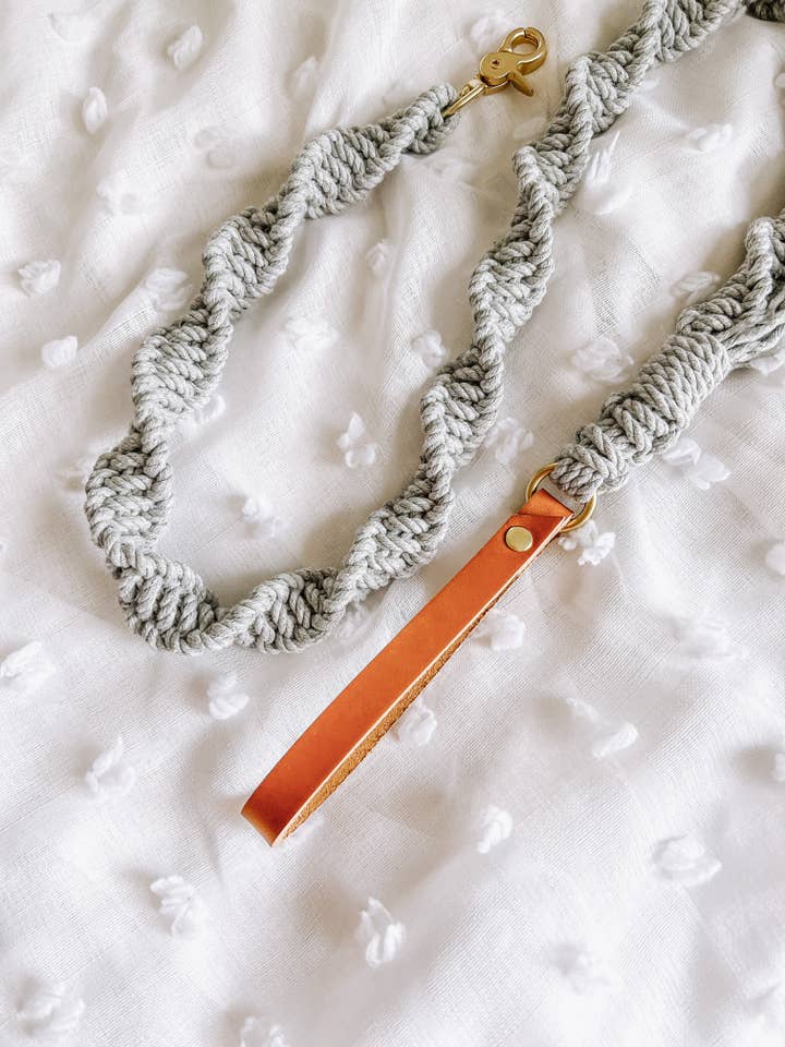 Macrame Dog Leash w/ Leather Handle - Gray Rope for wholesale by EMBER & IVORY