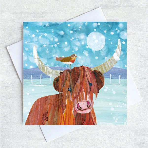 Tarjeta de Felicitación de Navidad de Vaca en Invierno en las Tierras Altas para venta al por mayor de Joanne Wishart