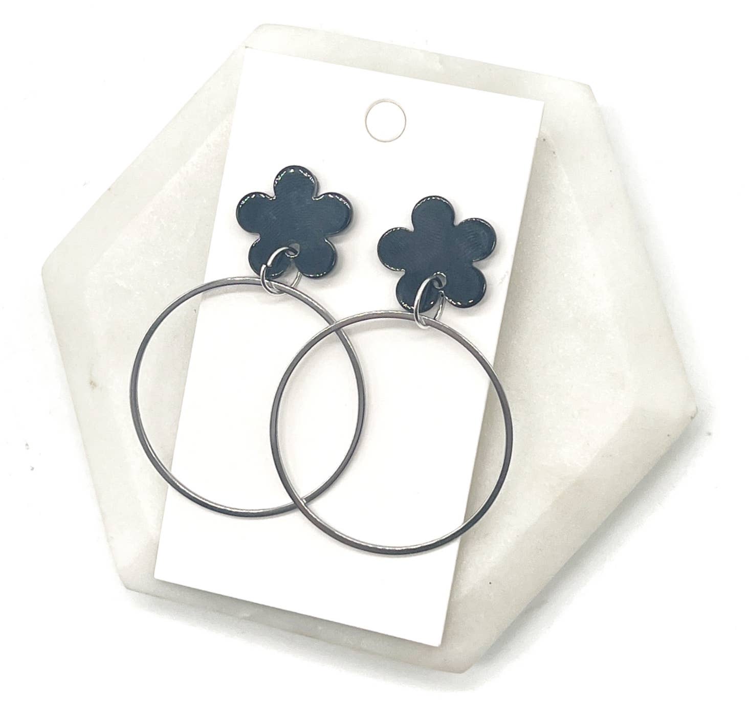 Baubles by B - Wholesale Dangle Earrings - Black Blossom Flower Silver Hoop Earrings6