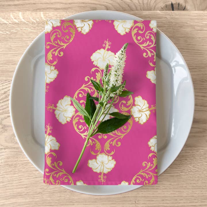 Lyserød Hibiscus & Gold Damask 4-delt kludservietter for engroshandel hos Prestige Plume