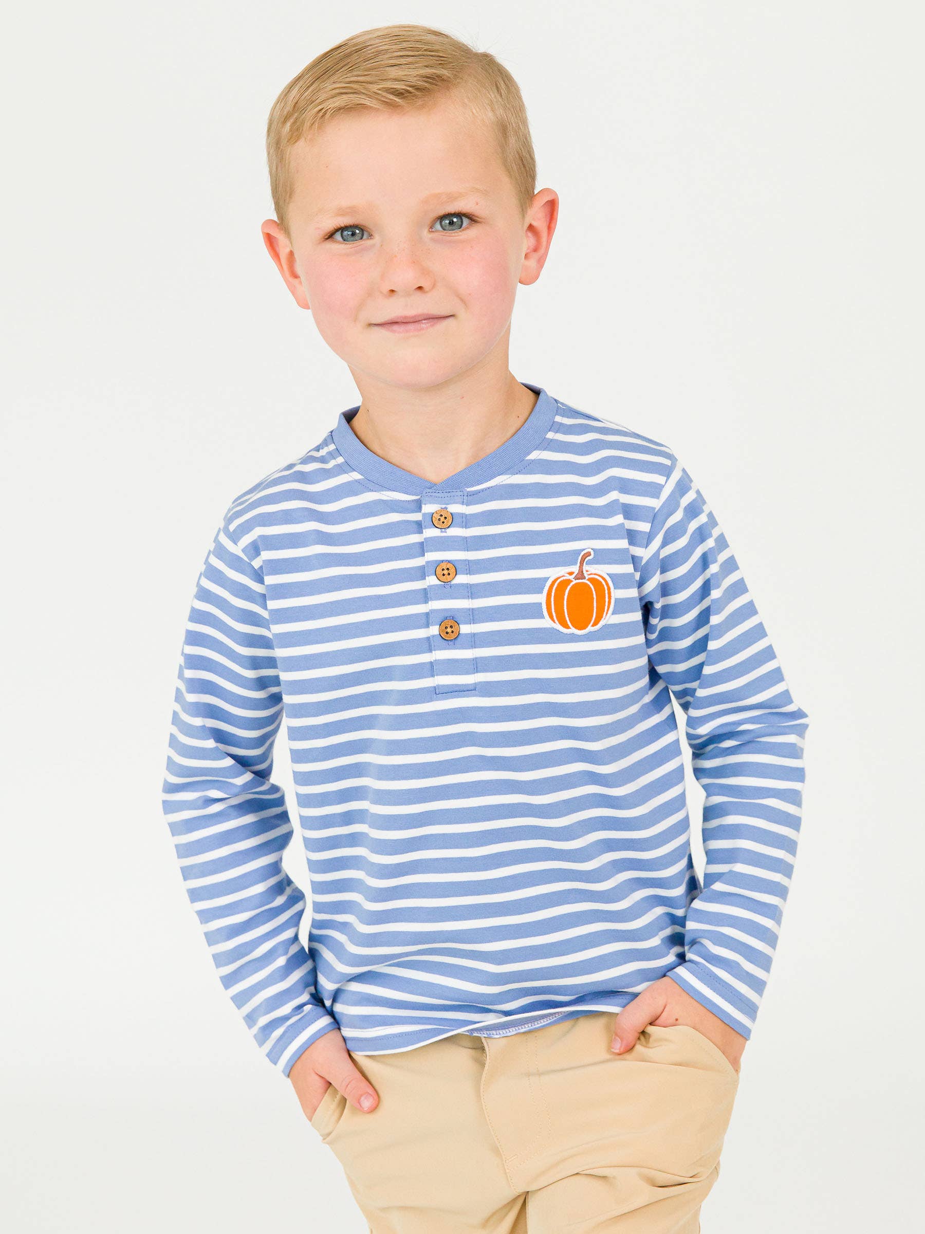 Boys Pumpkin Periwinkle Blue Stripe Knit Long Sleeve Embroidered Henley Tee for wholesale on Faire3