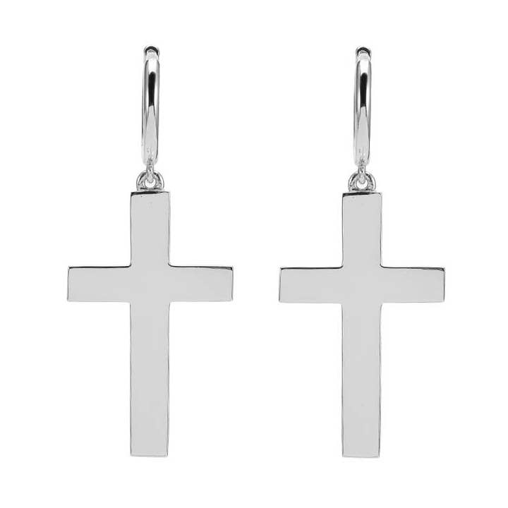 Pendientes de cruz María en plata bañada en rodio para venta al por mayor de ORUS BIJOUX