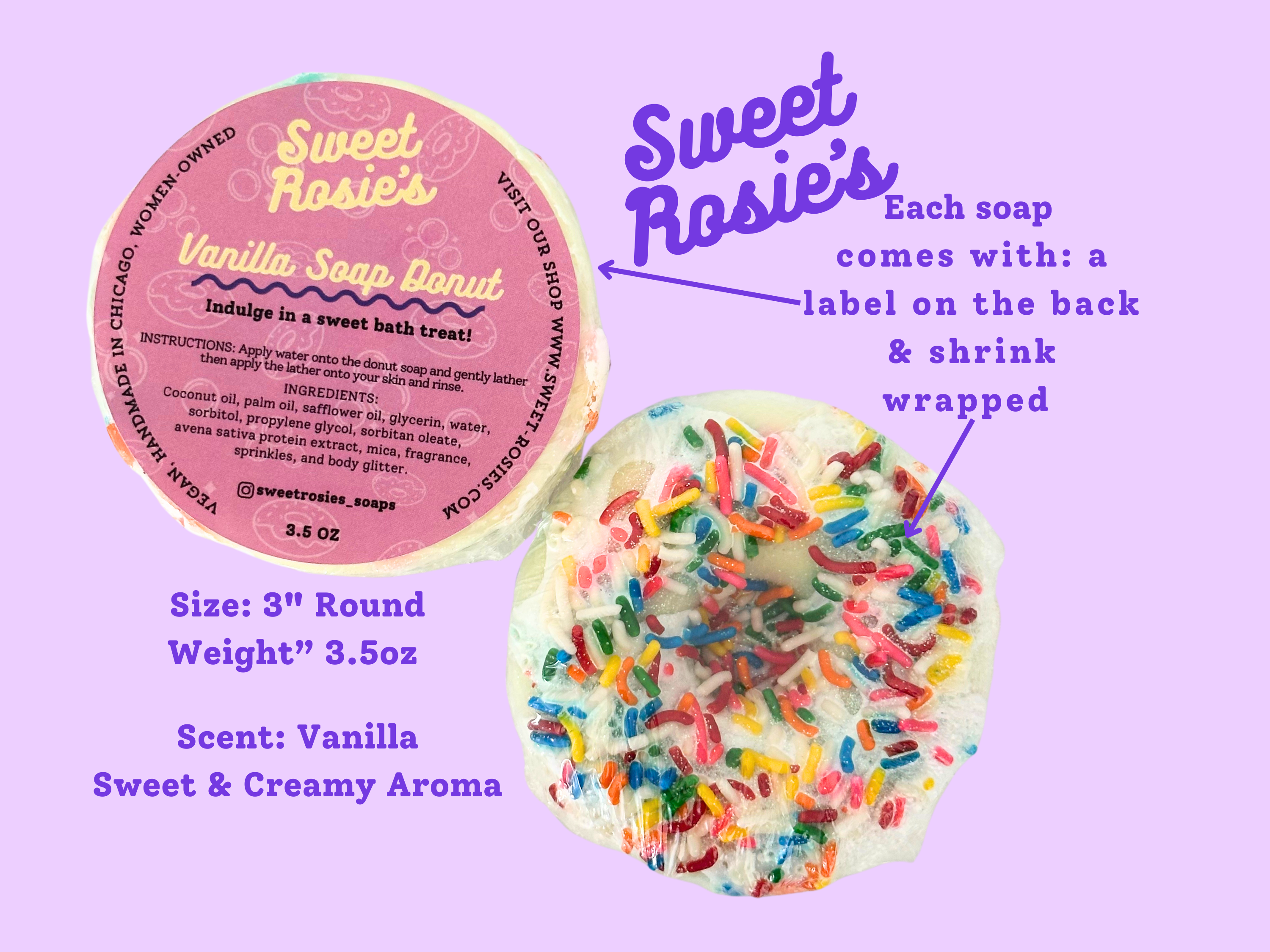 Sweet Rosie’s Soaps & Gifts - Wholesale Bar Soap - Vanilla Sprinkled Soap Donut, Vegan, White, Coconut Oil2