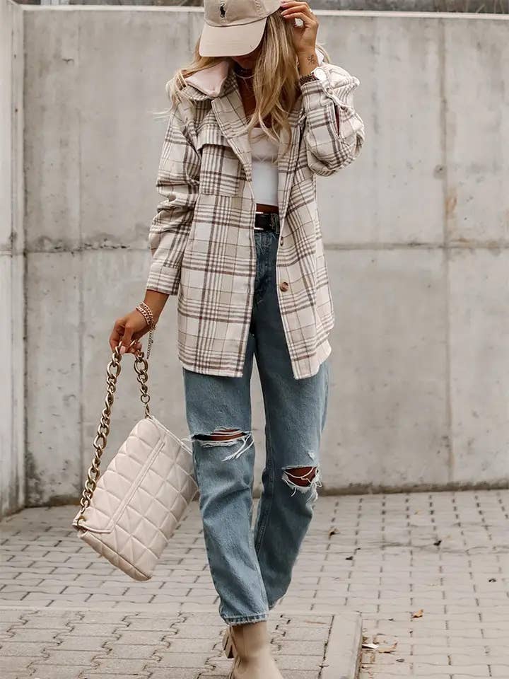 Khaki Plaid Shirt emovable Hood Buttoned Shacket for wholesale on Faire2