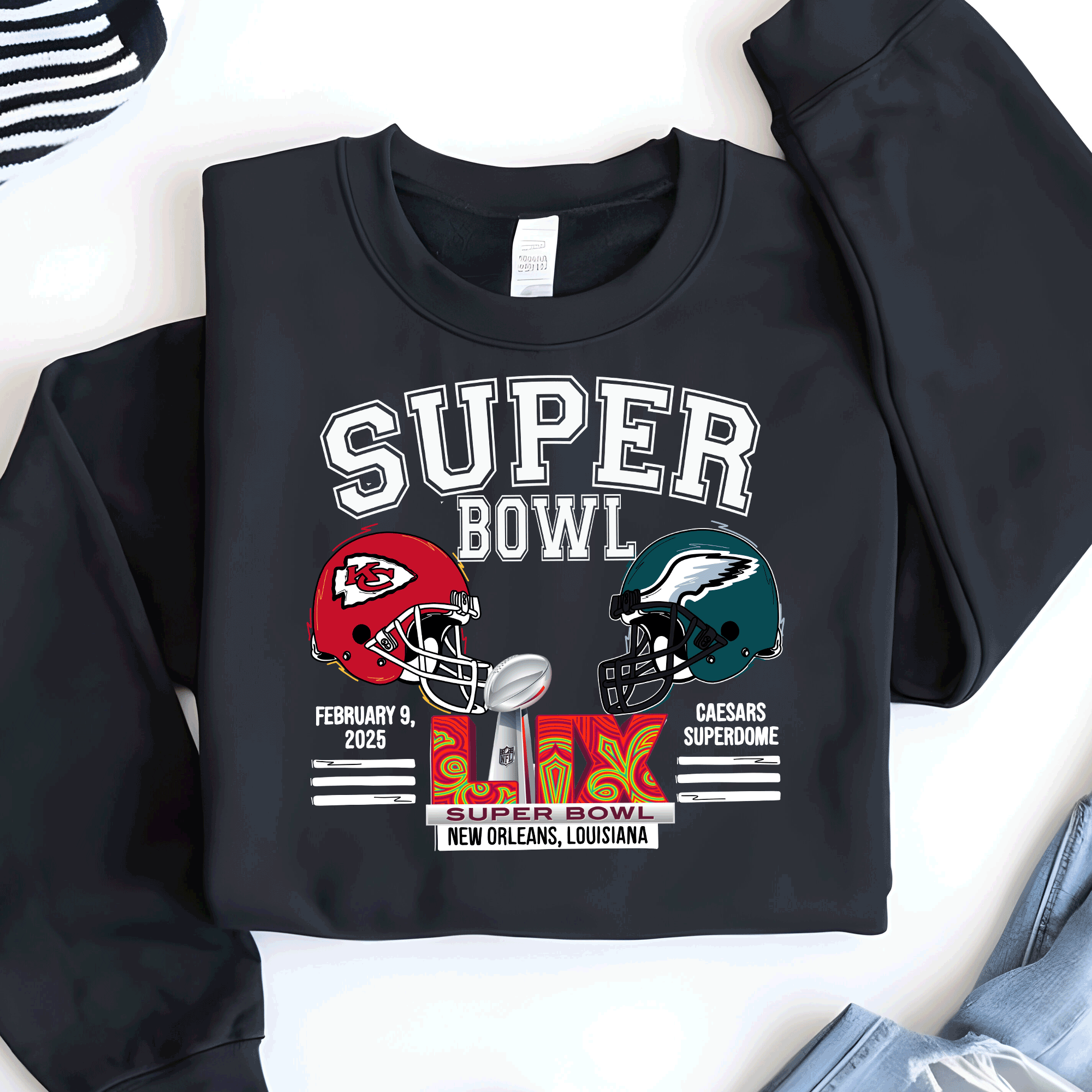 A Blessed Texas Mess Boutique - Wholesale Graphic Sweatshirt - Women's - Super Bowl 2025 Chiefs New Orleans Eagles 5