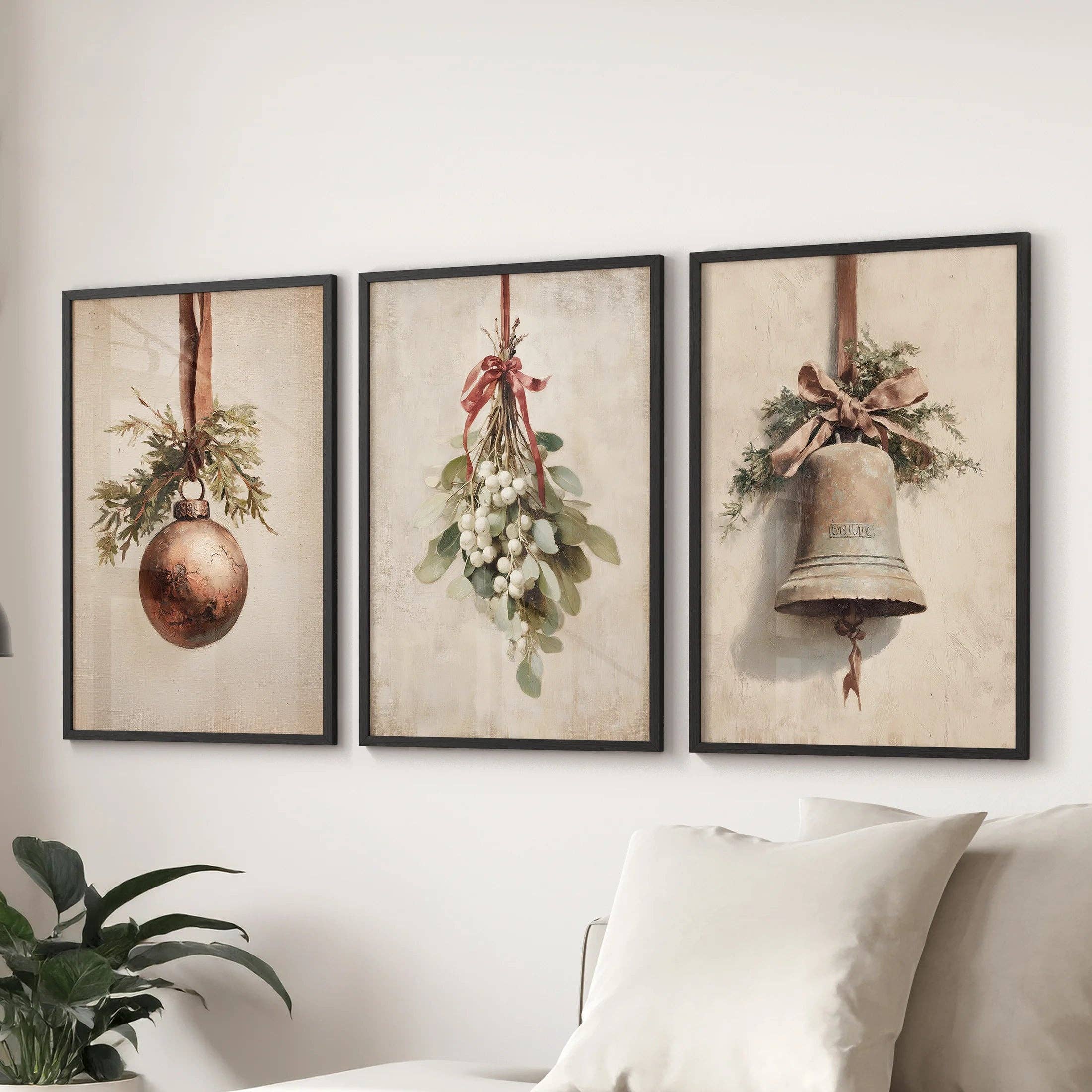 PrintSets.com - Vendita all'ingrosso Set per galleria a parete - Set rustico di 3 stampe: Arte vintage di campane di Natale2