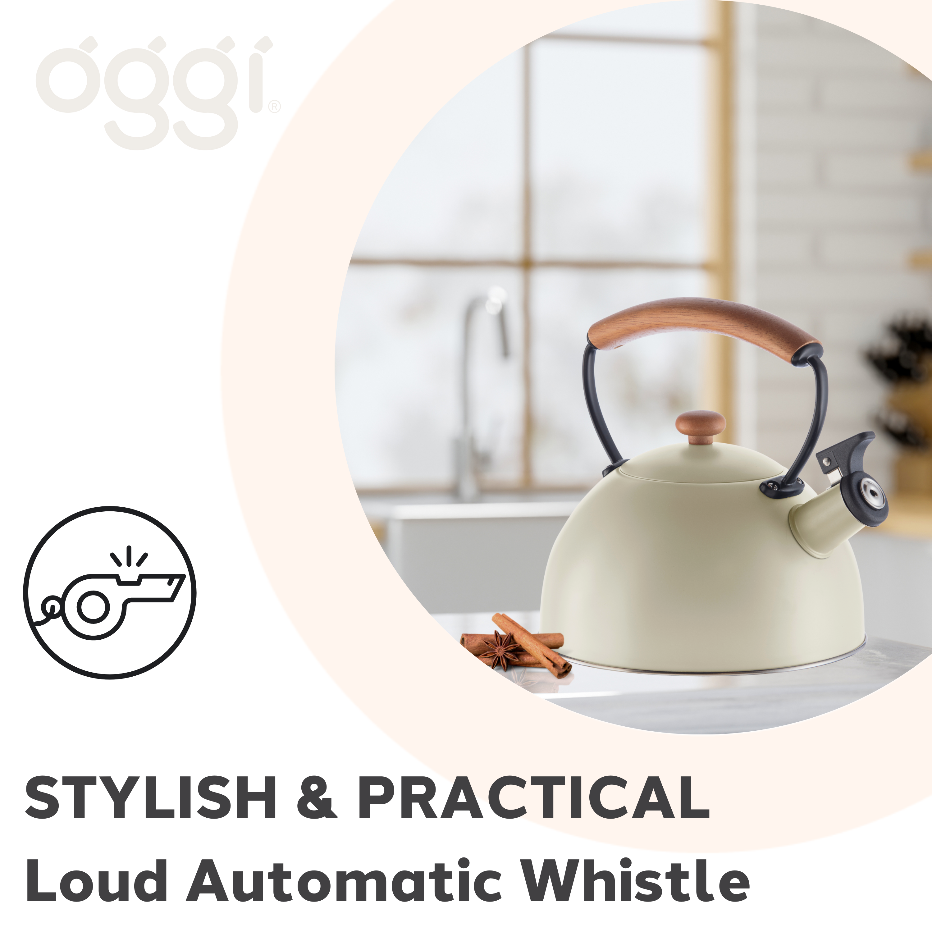 Oggi - Wholesale Kettle - Stovetop Kettle - Steel, Wood Handle, Whistle (1.9lt, 64oz)3