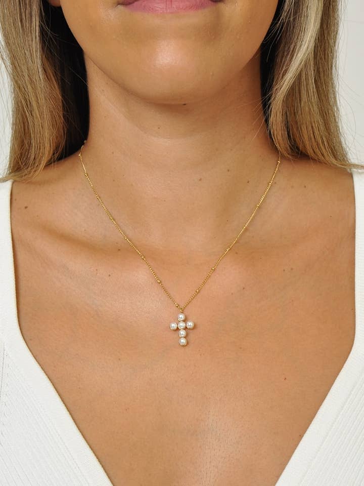 Short Steel Cross Pearl Necklace for wholesale by Victoria Moda
