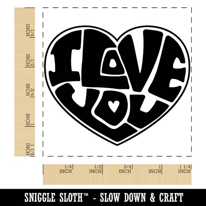 I Love You Heart 70s Bubble Letters Square Rubber Stamp for Stamping Crafting for wholesale by Sniggle Sloth