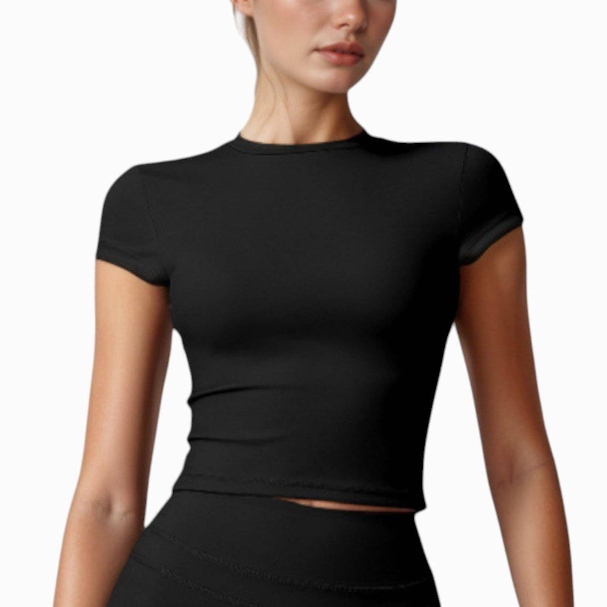 Active by Anna-Kaci - Wholesale Athletic Top - Women's - Fitted Crop Active Tee Short Sleeve Round Neck Stretch1