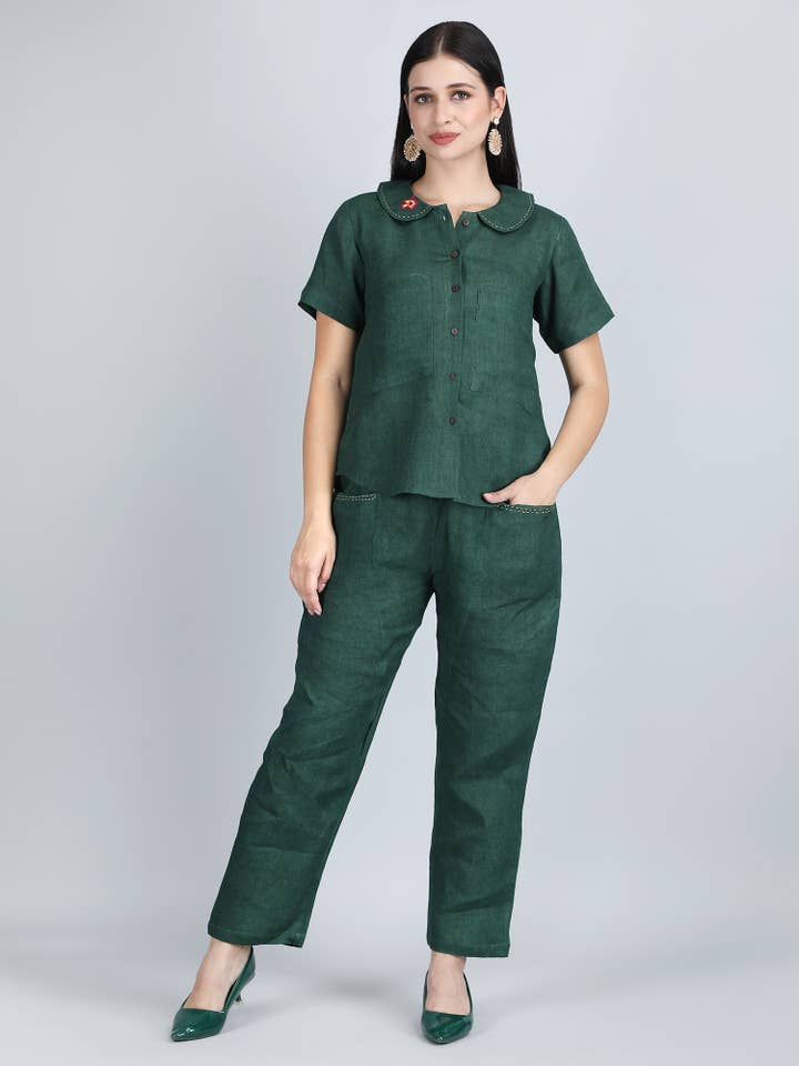 Women Green Pure Linen Hand Embroidered Collar Co ord for wholesale by 1401 The Label